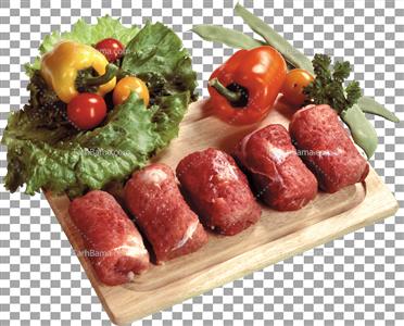 تصویر با کیفیت ظرف گوشت خام همراه سبزیجات دوربری شده